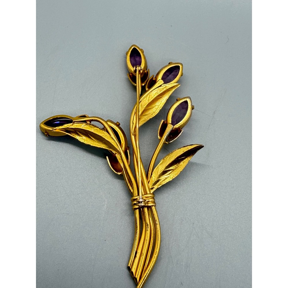 Vintage Gold Tone Purple Glass Enamel Flower Bouquet Brooch Large Statement - Picture 8 of 14
